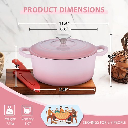 E-far 3 Qt Enameled Cast Iron Dutch Oven - Heavy Duty Nonstick Pot for Baking, Stews & Roasting - Pink