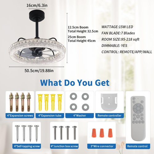 Hrtghzir 19.88" Ceiling Fans with Lights and Remote, Modern Crystal Chandelier Quiet Ceiling Fans, 3000K-6500K Smart Blade LED Fan Light, Modern Ceiling Fan with Lights for Bedroom, Black