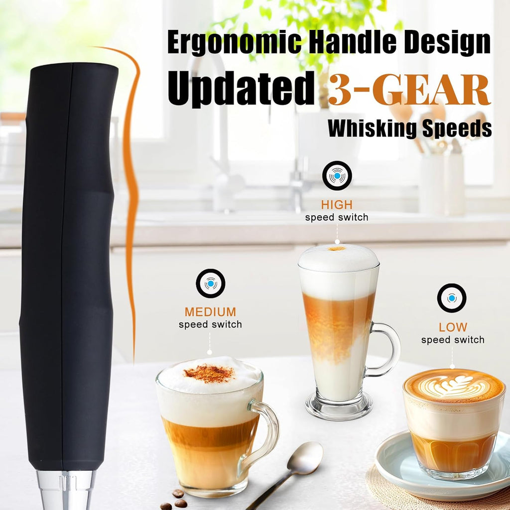 Nahida Black Milk Frother Wand - Handheld Electric Whisk Mixer with 3 Heads & 3 Speeds for Latte, Cappuccino, Hot Chocolate