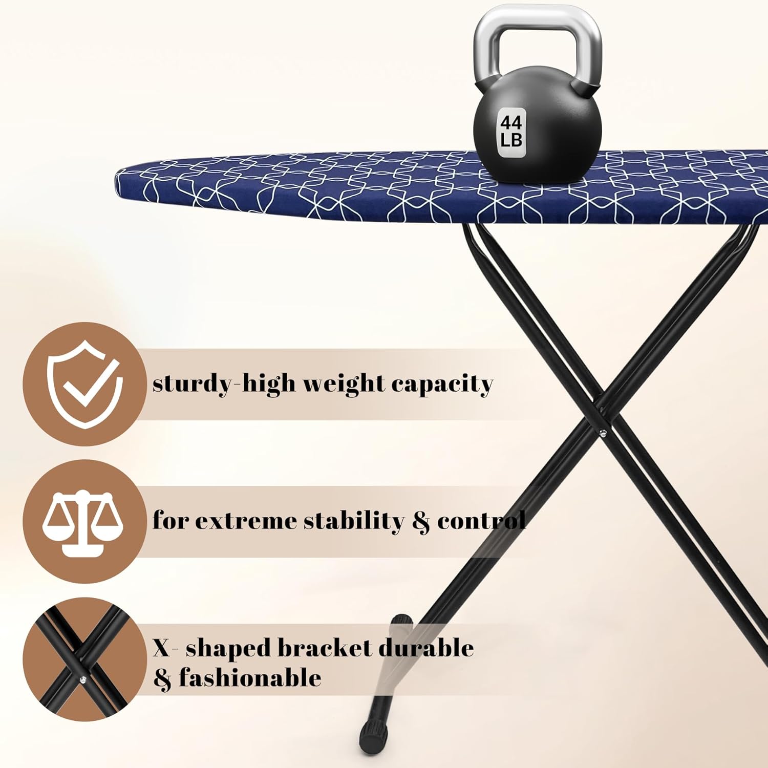 Skiennix Classic Ironing Board - Compact Space Saver with Extra Wide Padded Surface | 43 x 13 Inches, Blue Geometry