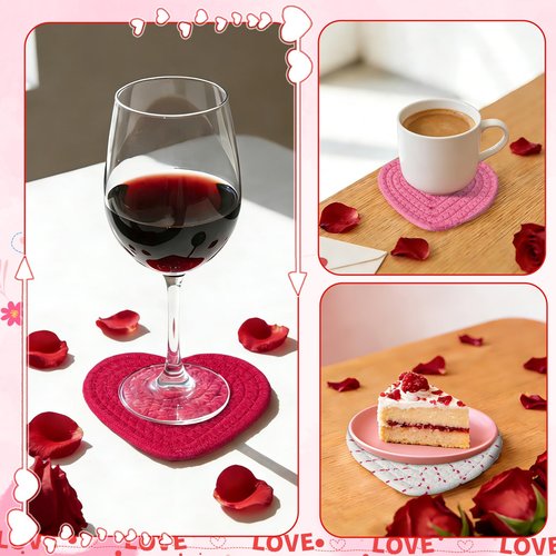 UPINS 6Pcs Valentines Heart Coasters,Handmade Braided Cotton Red Pink White Heart Coasters Valentine’s Day Drink Accessories