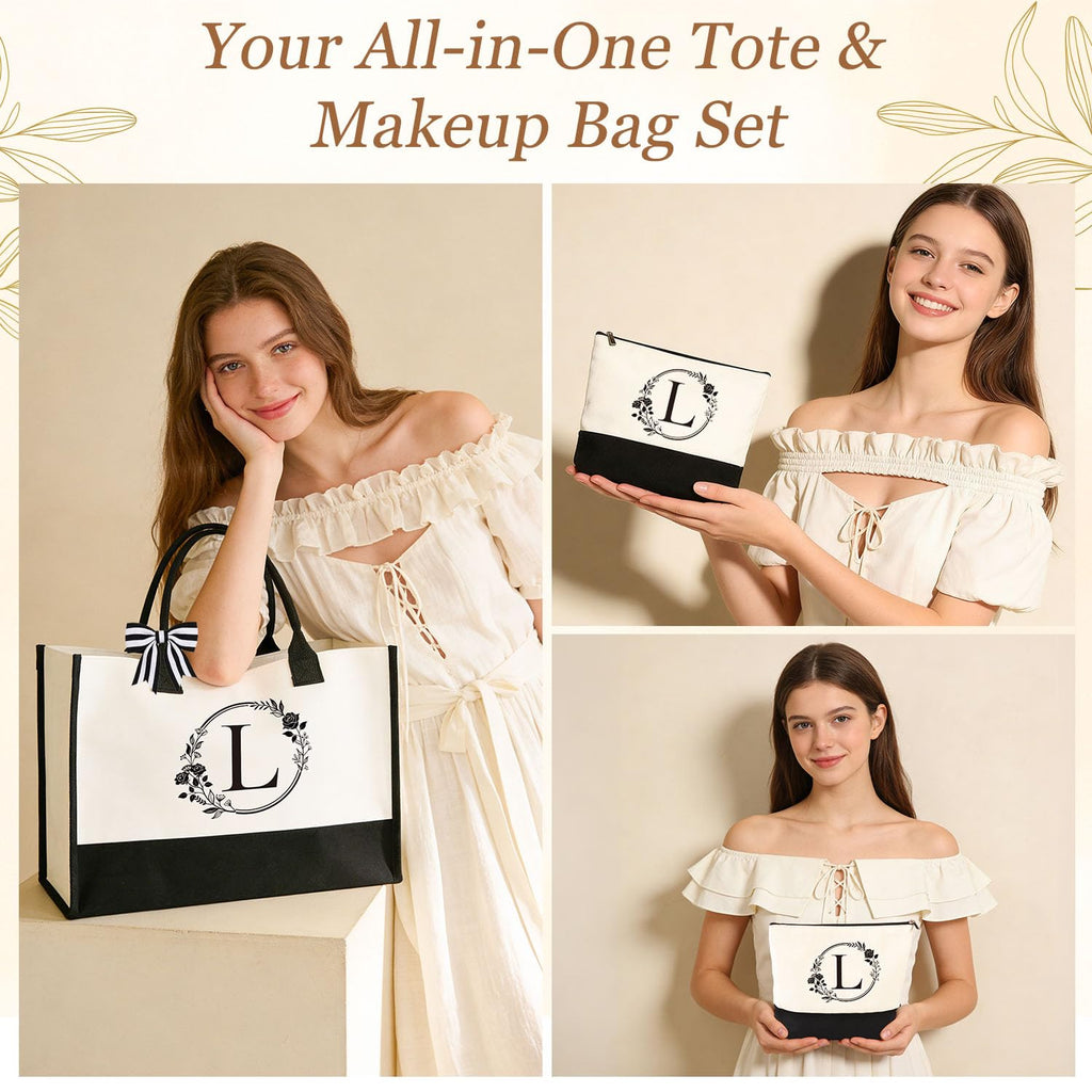Birthday Gifts for Women, 10pcs Monogrammed Gifts for Women Initial Canvas Tote Bag, Makeup Bag, Glass Cup, Hair Clip, Candle Basket Birthday Personalized Gift for Her Woman Mom Wife Friend Teacher, L