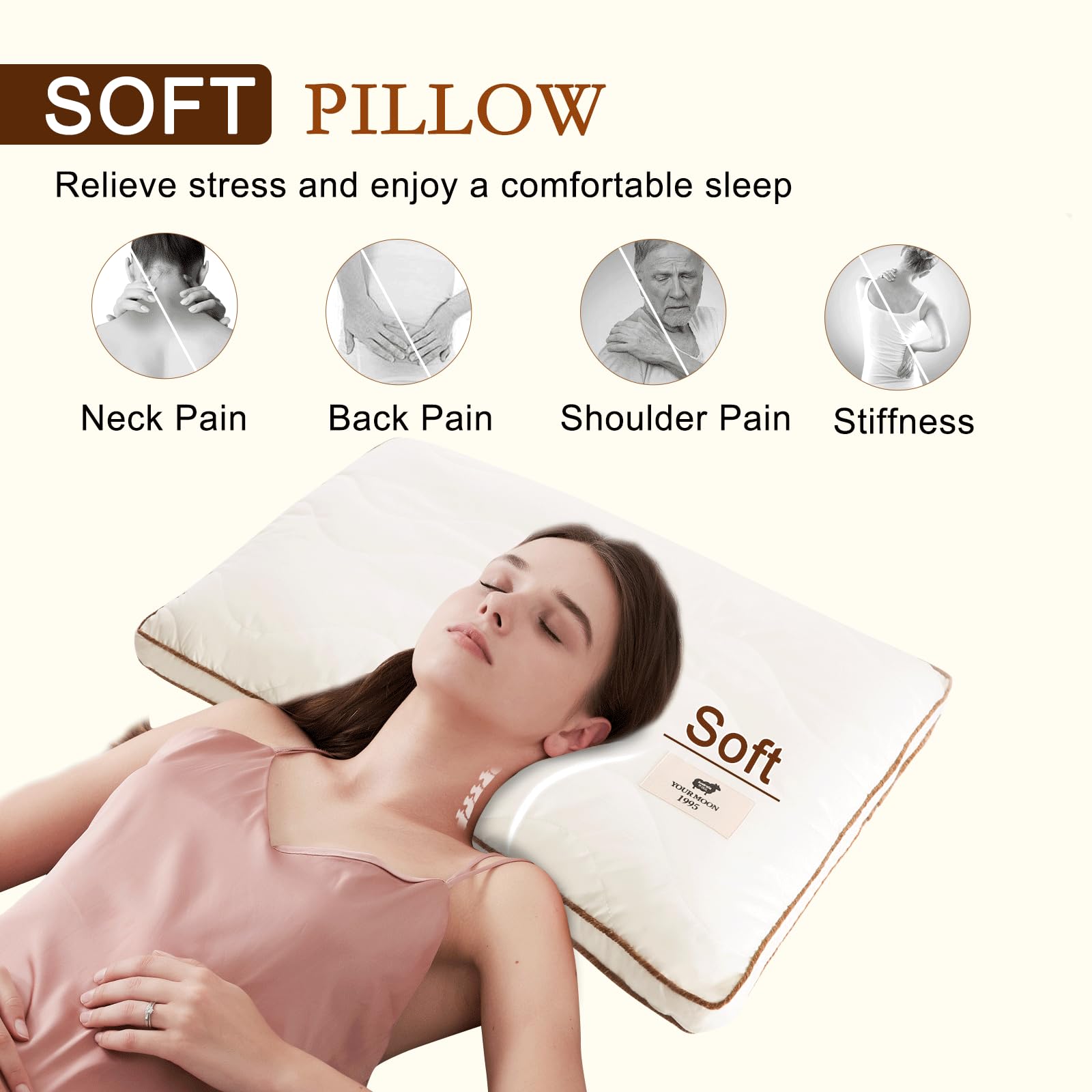 YOUR MOON Soft Natural Wool Pillow Queen, Flat & Thin Wool Pillow for Sleeping, Low-Loft Bed Pillows for Back and Stomach Sleepers, Breathable Soft Cotton Cover(Off White)