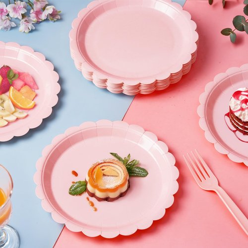 Tyzarglef 105PCS Paper Plates and Napkins Set,7 Inch Scalloped Disposable Tableware with Forks for Birthdays, Garden Parties & Outdoor Events,Serves 35 (Light Pink)