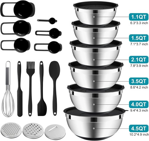 20-Piece Mixing Bowls Set by [Brand Name] - Airtight Lids, Stainless Steel, Non-Slip Silicone Bottoms | Perfect for Baking & Serving