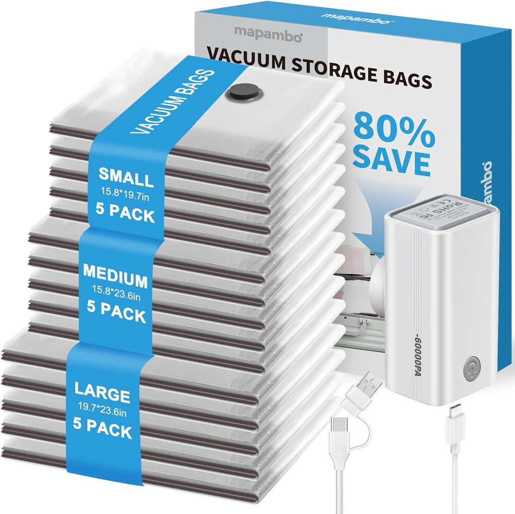Mapambo Vacuum Storage Bags - 15 Pack with 60000Pa USB Pump | Space-Saving Travel Bags in 3 Sizes