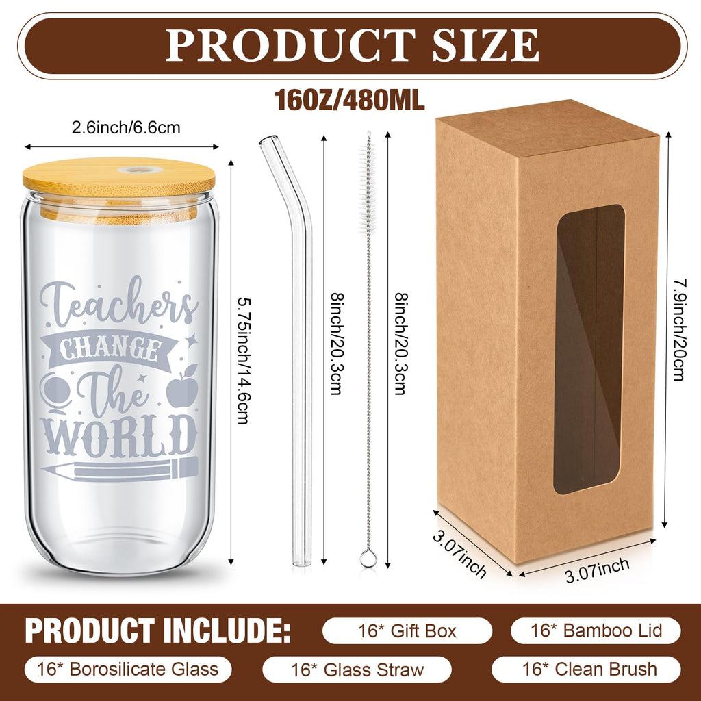 Pickmesh 16 Sets Teacher Week Employee Gifts for Teacher Appreciation Graduation Gifts Bulk Week Cups Thank You Cup 16 oz Glass Cups with Lid Straw and Gift Boxes(Classic)