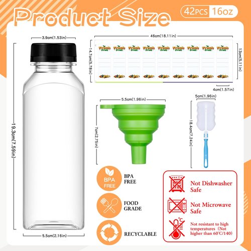 Dualshine 42Pcs 16oz Plastic Juice Bottles with Caps, Clear Empty Reusable Juice Containers with Lids, Brush, Funnel and Labels for Drinking, Smoothie, Milk, Tea and Other Beverages