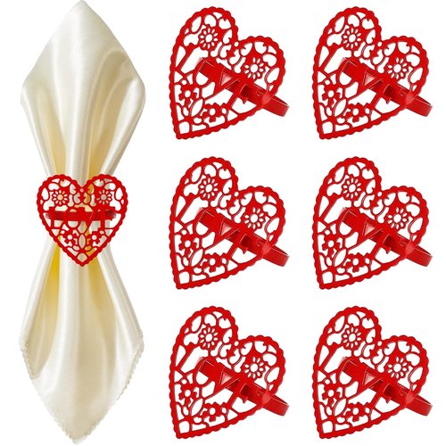 Valentine's Day Heart Napkin Rings Set of 6, Metal Red Heart-Shaped Hollow-Out Napkin Rings Banquet Table Decorations for Valentine's Day Wedding Anniversary Christmas Party Supplies