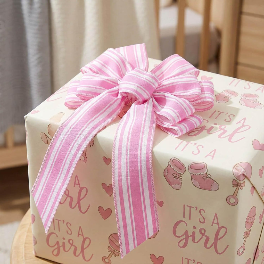 Skiennix Pink & White Striped Wreath Bow - Large 20x11 Inch Baby Shower Decor | Spring & Easter Accent