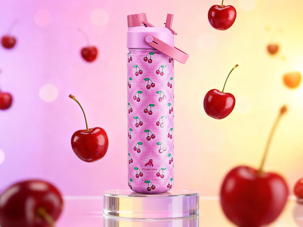 POWCAN 26 oz Insulated Water Bottle - 2-in-1 Straw & Spout Lid, Leak-Proof, Fits Car Cup Holder | Cherry Pop