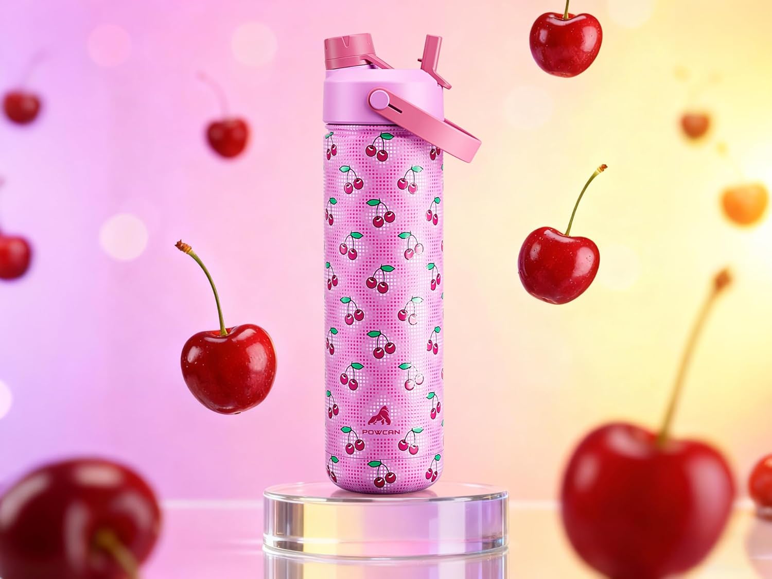 POWCAN 26 oz Insulated Water Bottle - 2-in-1 Straw & Spout Lid, Leak-Proof, Fits Car Cup Holder | Cherry Pop