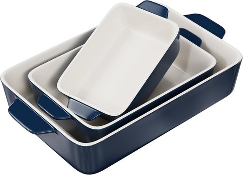 Kook Casserole Dish Set - Durable Ceramic Baking Pans with Handles | Large 8.5 x 14, 11 x 7, 8 x 5 (Navy)