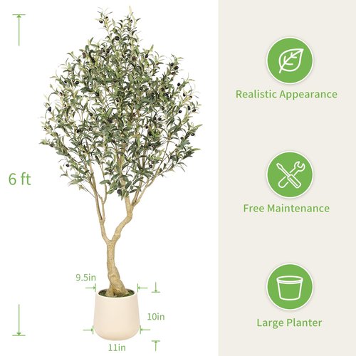 Realead 6ft Artificial Olive Tree with Tall Exquisite Planter - Realistic Faux Olive Tree with Thick Trunk and Lifelike Fruits - Large Fake Olive Tree for Home Office Decor