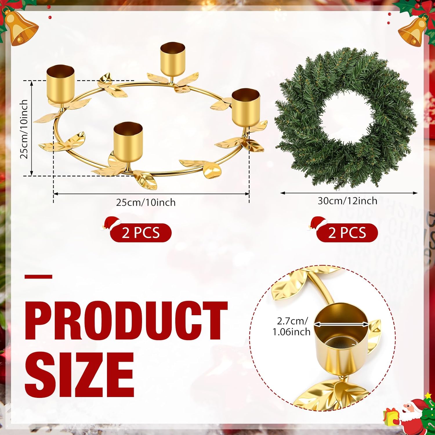 Norfolk Pine | 2 Pcs Christmas Advent Wreath Candle Holder - Gold Ring Design for Festive Table Centerpiece