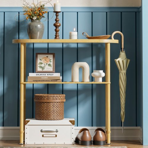 Small Entryway Table Bamboo 30.7", Narrow Hallway Table Oval Top 2-tier, Slim Console Table with Anti-fall Edge, Sofa Side Table 5min Easy Assembly, Small TV Stand for Bedroom, Indoor Plant Stand
