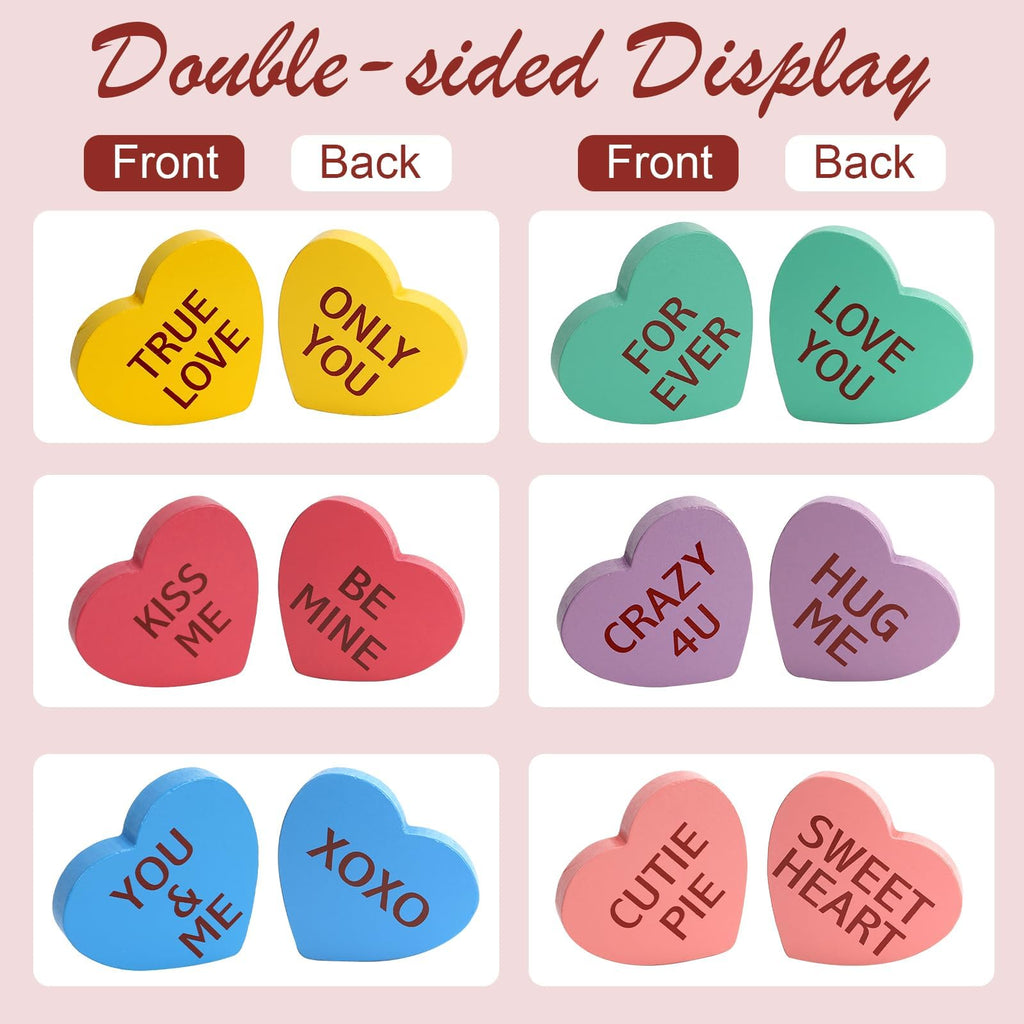 Valentines Day Decorations, 6 PCS Double-sided Wooden Valentine's Conversation Hearts for Tiered Tray Shelf Mantel Office Decor Freestanding Tabletop Wood Block Sweet Sayings for Home Decor Wedding