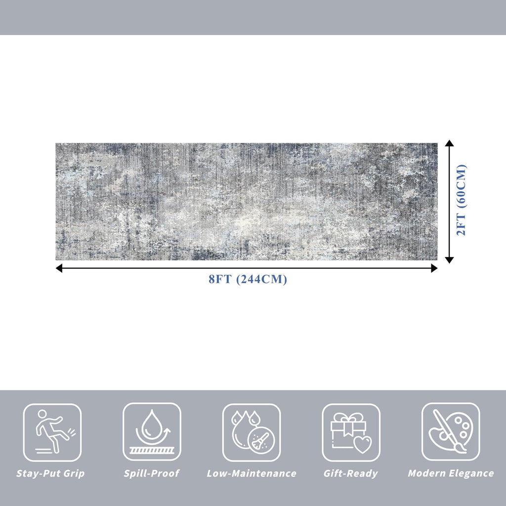 2x8 Washable Non-Slip Hallway Runner Rug – Modern Coastal Abstract Neutral Stain-Resistant Low-Pile Carpet Runner for Kitchen Entryway Bedroom Bathroom (Blue Gray,2x8)