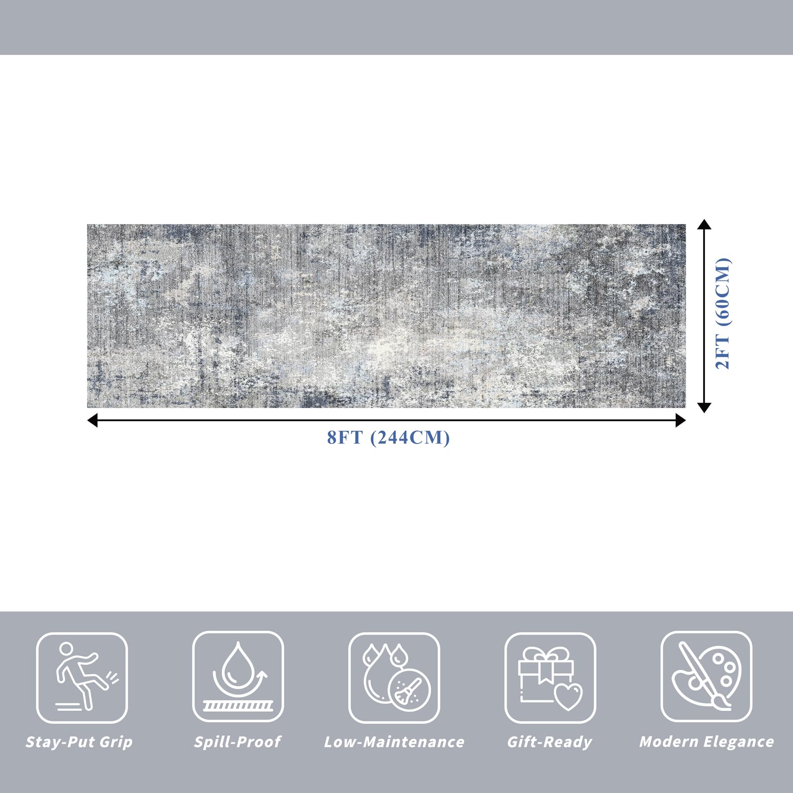 2x8 Washable Non-Slip Hallway Runner Rug – Modern Coastal Abstract Neutral Stain-Resistant Low-Pile Carpet Runner for Kitchen Entryway Bedroom Bathroom (Blue Gray,2x8)