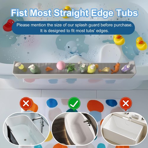 Aqqwxyq Longer Bathtub Splash Guard for Tub Kids, Bathtub Water Guards Play Shelf for Bathing, Toy Tray Caddy Holder for Tub, Silicone Tub Splash Guard Prevent Water Spills in Bathroom (2.6FT, Grey)