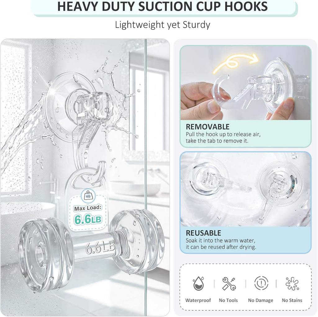 VIS'V Suction Cup Hooks - Heavy Duty Removable & Reusable Shower Hooks | Clear, 2 Pcs