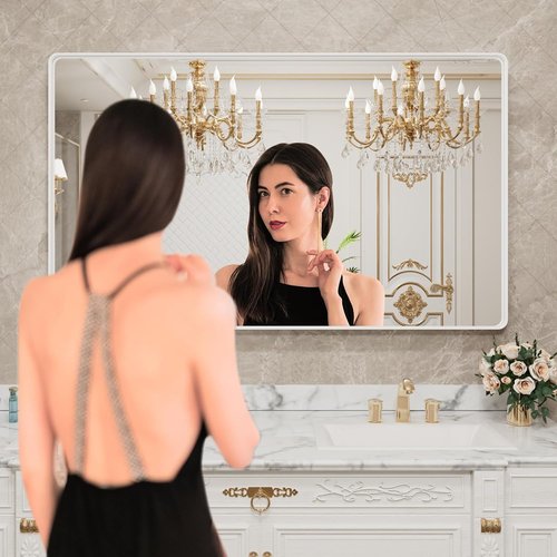 LOAAO Bathroom Mirror - 60x28 Inch White Metal Framed Rounded Rectangle | Anti-Rust Tempered Glass, Versatile Hanging Options