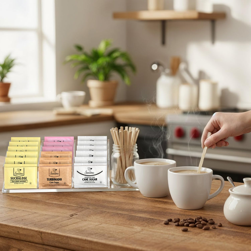 Sweetmo Sugar Packets Variety Pack - 400 Count of Sucralose, Raw, Cane Sugar & Stirrers | Perfect for Coffee & Tea