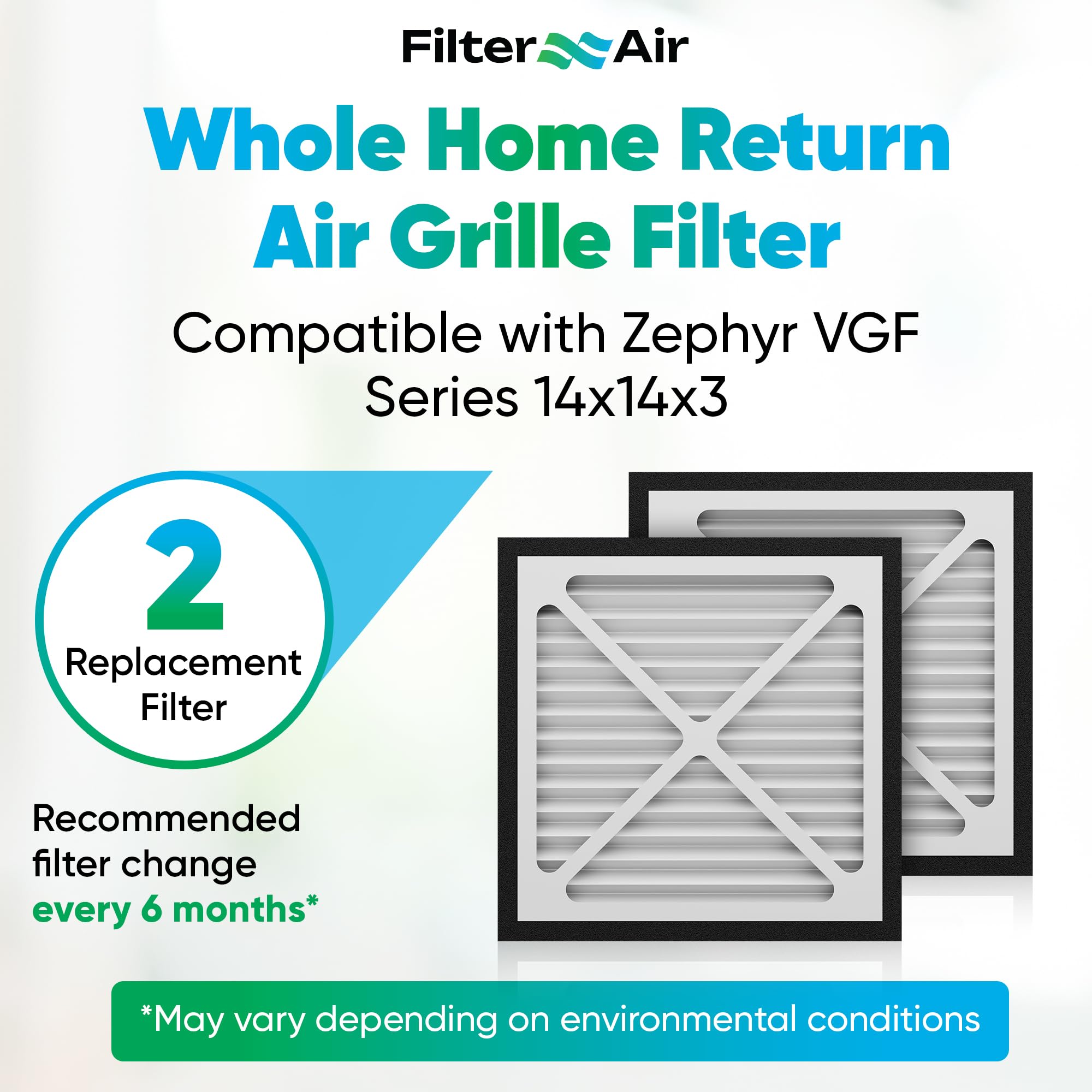Filter X Air - 14x14x3 MERV 13 Pleated Air Filter (2-Pack), AC Furnace Air Filters Replacement, Compatible with Zephyr VGF Series - Dust & Air Cleaning Whole Home Return Air Grille Filter