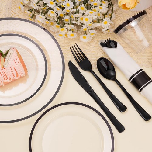 700PCS Clear Black Disposable Plates Set for 100 Guests, 200 Plastic Plates, 100 Plastic Cups, 100 Pre-Rolled Napkins with Cutlery for Party, Christmas, Birthday, Wedding, Thanksgiving, Halloween