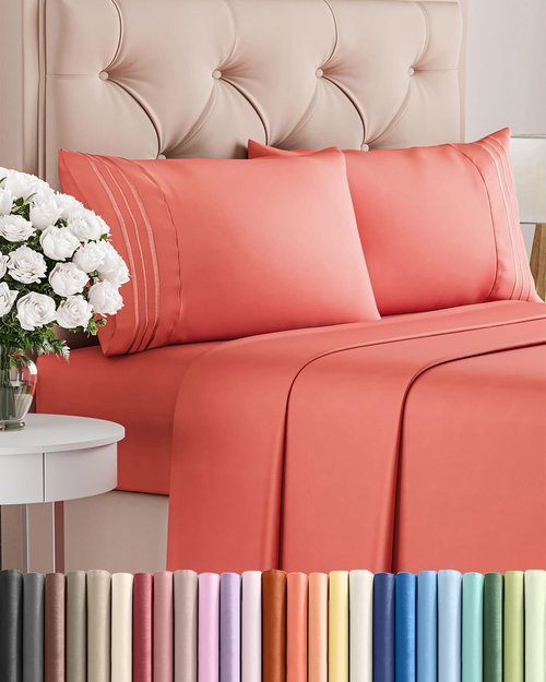 Cal King Size 4 Piece Sheet Set - Ultra-Soft Cooling Bed Sheets | Hotel Luxury Bedding in Coral