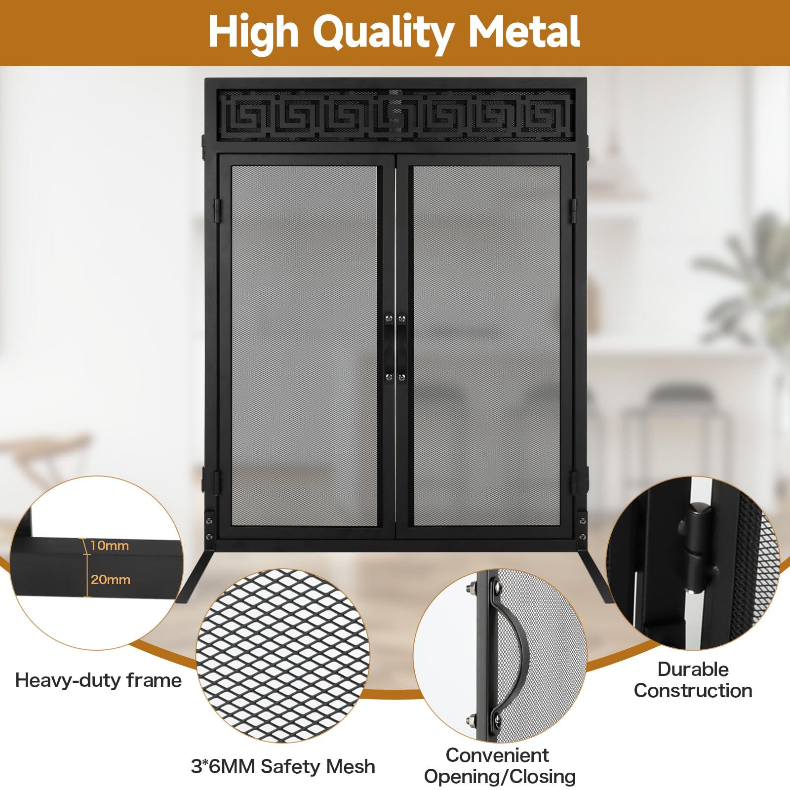 Nouetele Fireplace Screen with Doors, 3 Panel Fire Place Screens Stand Alone, Extra Large Heavy Duty Wrought Iron Spark Guard, Outdoor Metal Mesh Gate for Child Safety, Black 50" W x 32" H
