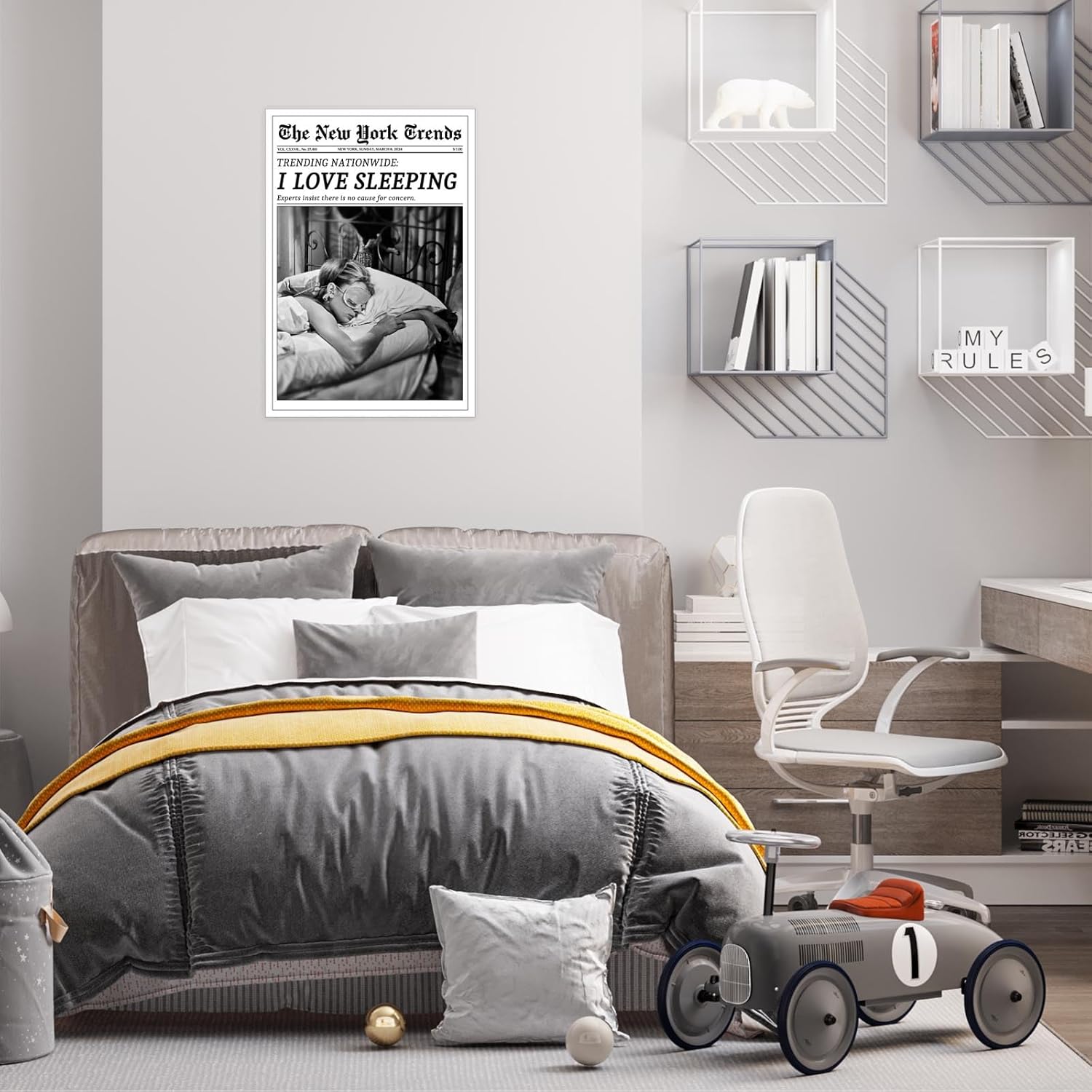 Beshdomp Vintage I Love Sleeping Poster - Black & White Newspaper Canvas Wall Art | 12x16in Unframed