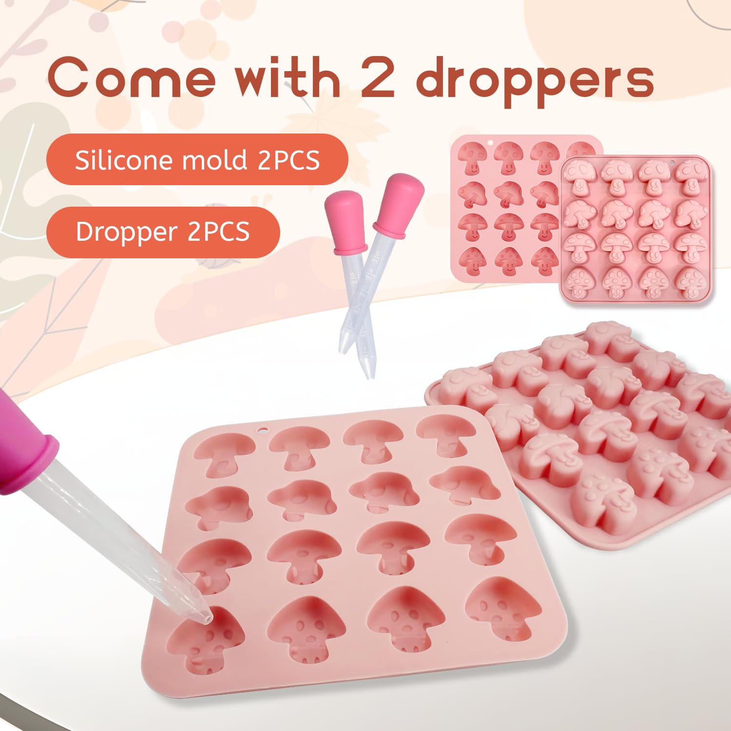 2PCS Mushroom Silicone Mold with 2 Droppers - 16 Cavity 3D Cute Mushroom Gummy Molds for Chocolate Candy Soap Resin - Fondant Gummy Cookie Candle DIY Crafts