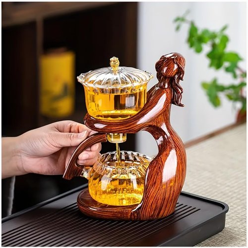Lazy Kungfu Magnetic Tea Pot, Semi Automatic Glass Teapot, Lazy Kungfu Drip Teapot, Magnetic Attraction Water Rotating Cover Bowl Suitable for Home/Office Reception Tea Set (Red Maiden)