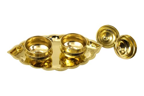 Spillbox Traditional Handcrafted Brass Thali Haldi kumkum Chandhan Holder Stand Plate with Lid |Roli|Chawal |Kumkum Box|Sindoor | Turmeric|Puja Worship- Oval 2 Bowl Small