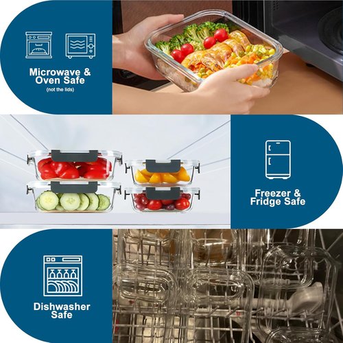 BAYZZ Glass Meal Prep Containers - 10 Pack Airtight Food Storage with Lids | Oven, Microwave & Dishwasher Safe