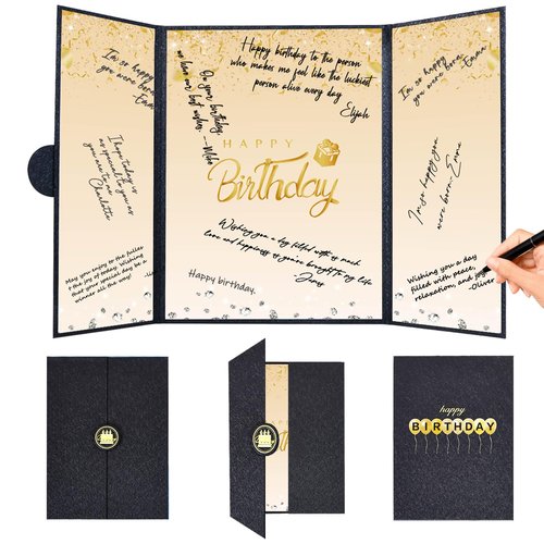 Crenics Black and Gold Birthday Decorations for Women Men, Creative Birthday Guest Sign in Book Alternative, Happy Birthday Signature Book 18" x 12", Great Birthday Gifts for Girls or Boys