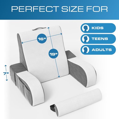 Kolbs Wedge Reading Pillow - Plush Backrest Cushion with Arms for Comfort | 19" Gray/White