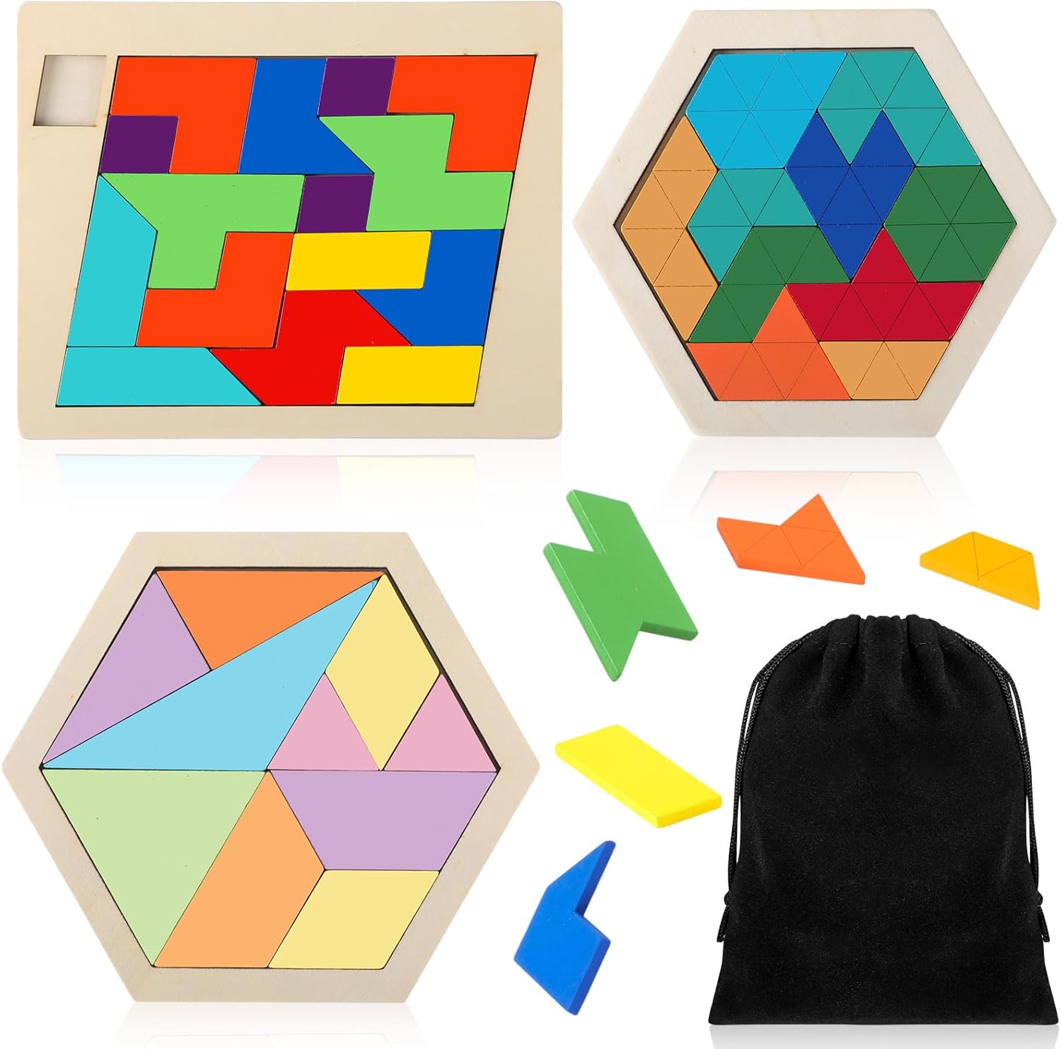 Yunsailing Large Hexagon Tangram Puzzle - 3 Pack Wooden Brain Teasers for Adults | Classic Geometric Challenge