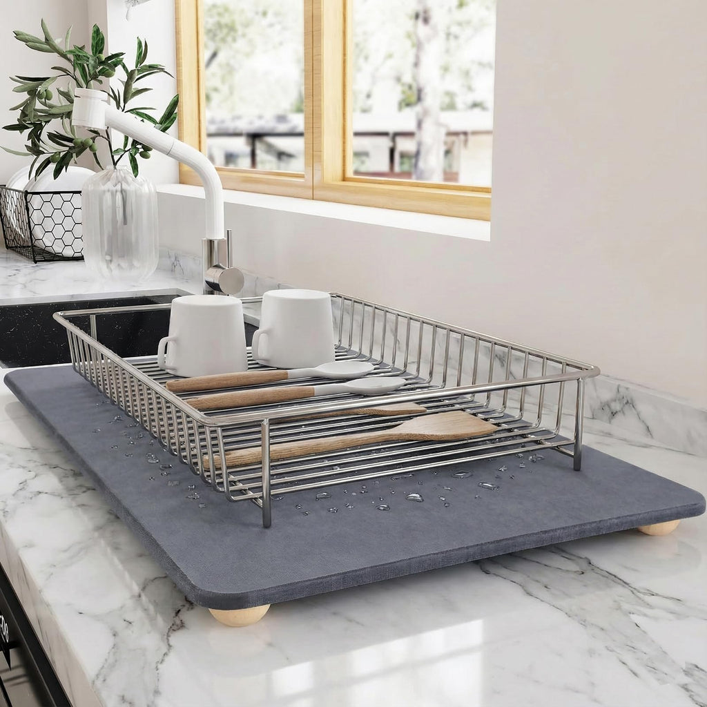 Stone Drying Mat for Kitchen Counter with 5 Wooden Feet, 19.7"×14.7" Diatomaceous Earth Dish Drying Mat, Elevated Drying Stone Mat for Modern Kitchen Countertop (Dark Gray, Standard-Solid)
