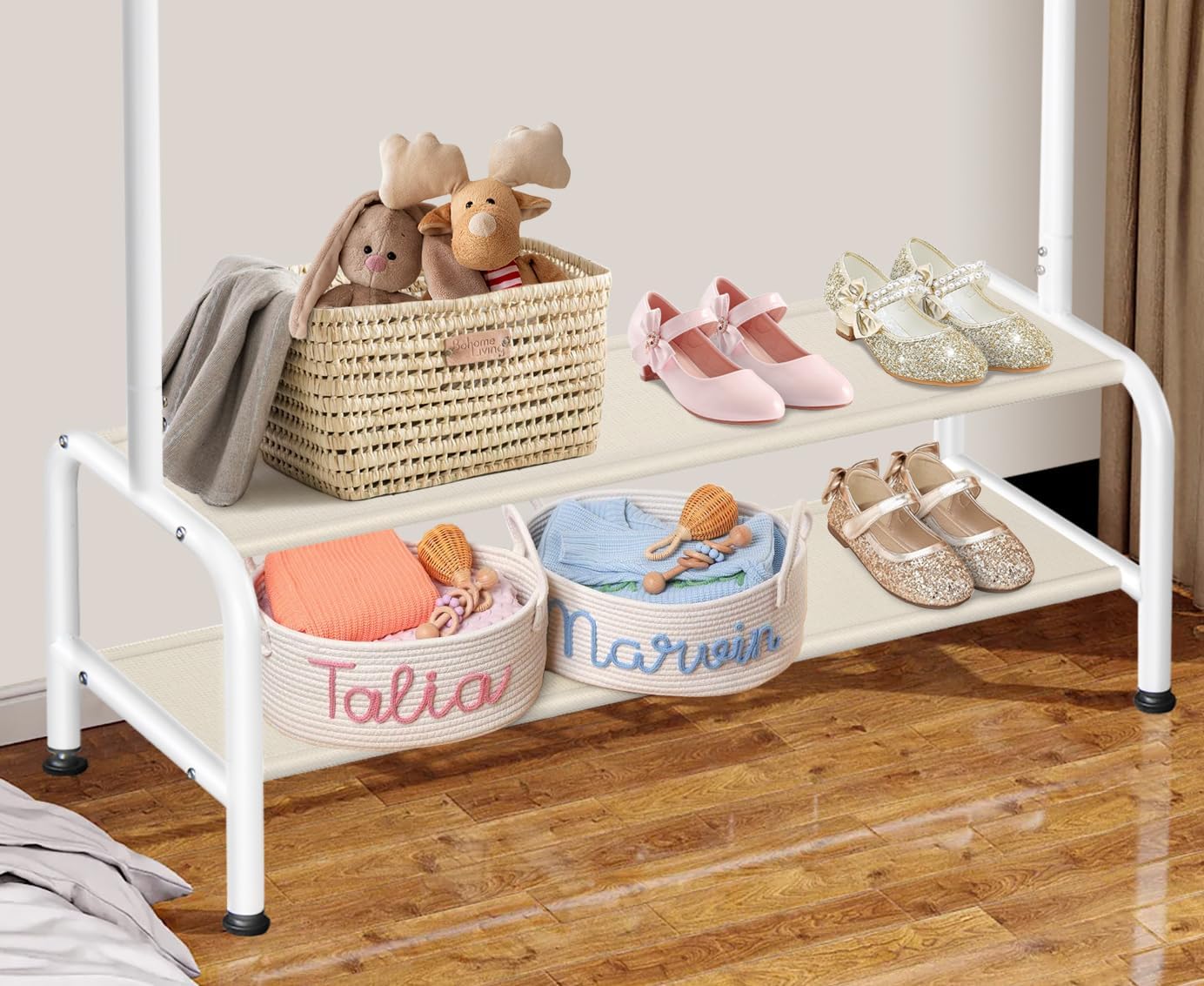 Skiennix Kids Clothing Rack - Mini Freestanding Dress Up Organizer with 2 Fabric Shelves - Toddler Closet Solution
