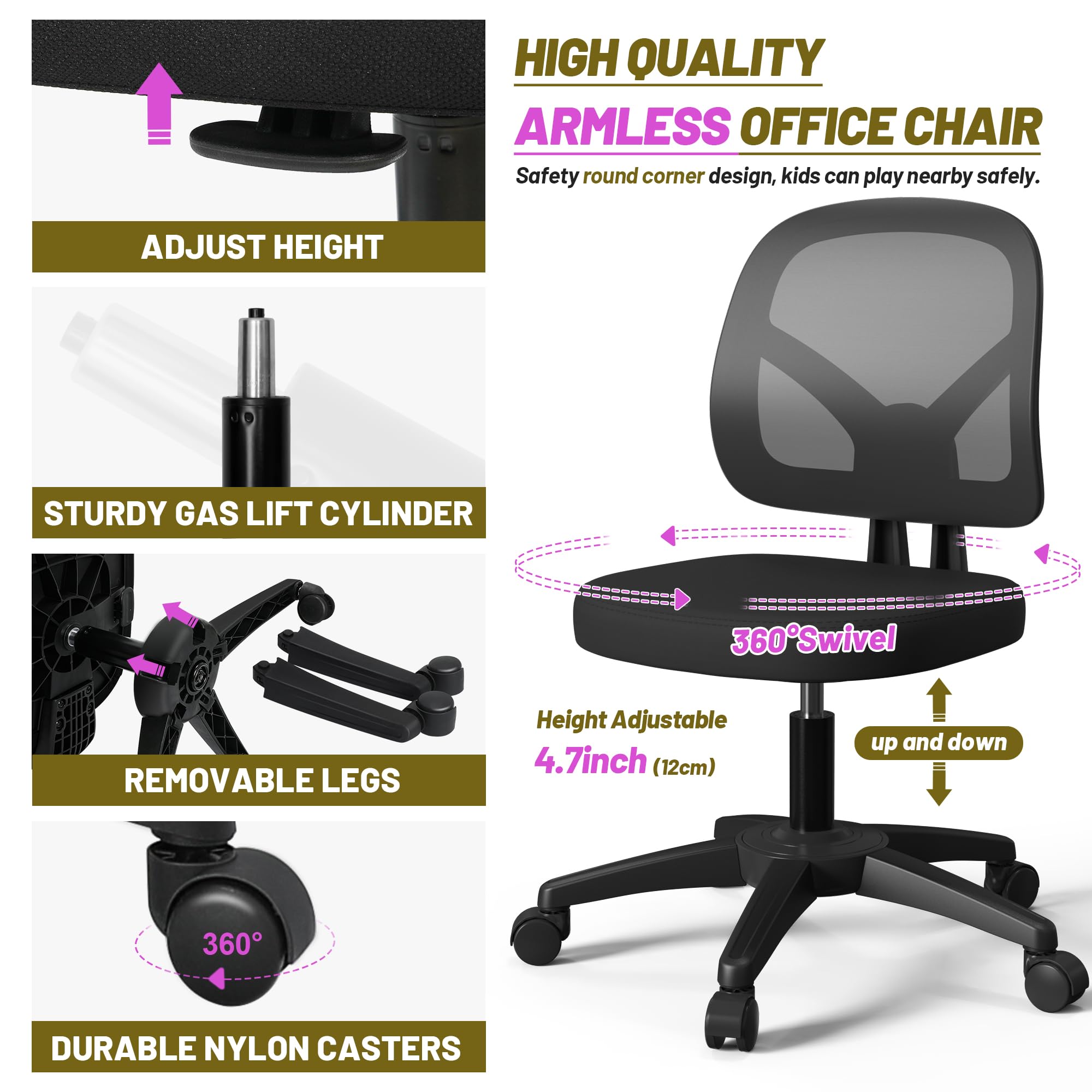 Swivel Armless Office Desk Chair No Arms with Back Support Rolling Wheels for Small Spaces Adult