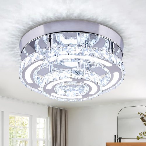 CXGLEAMING Modern Crystal Chandelier LED Flush Mount Ceiling Light Fixture 11.4" Round Small Crystal Ceiling Lights for Bedroom Kitchen Hallway (Cool White)