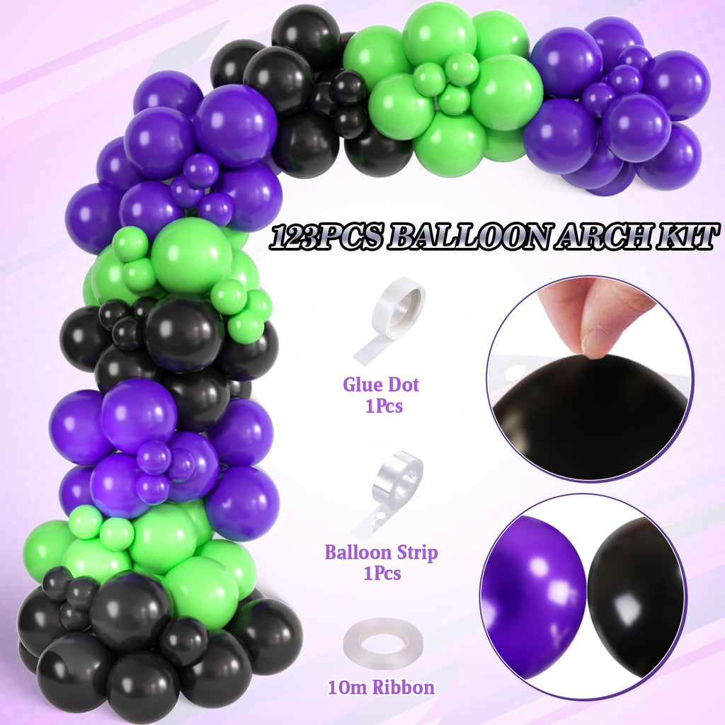 130Pcs Monster Truck Birthday Decorations for Boys Truck Theme Balloon Garland Arch Kit with Backdrop Triangle Banner Black Green Purple Wheel Foil Balloon Kids Monster Truck Party Decor Supplies