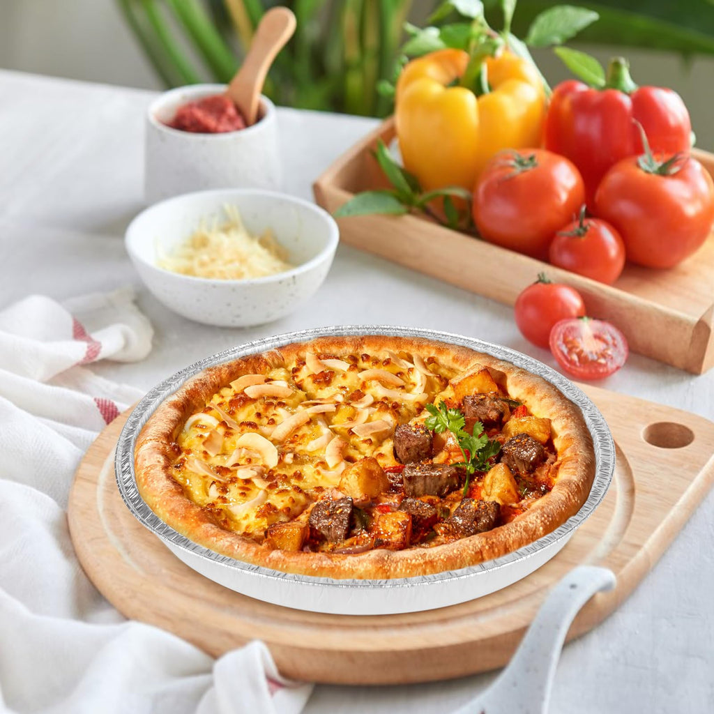 FWEEK 50 Pack Disposable Round Foil Pizza Pans Aluminum Pizza Pans for Personal Pizzas, 11 Inch Round Tin Foil Pan for Cookies, Cake, Focaccia-Freezer & Oven Safe