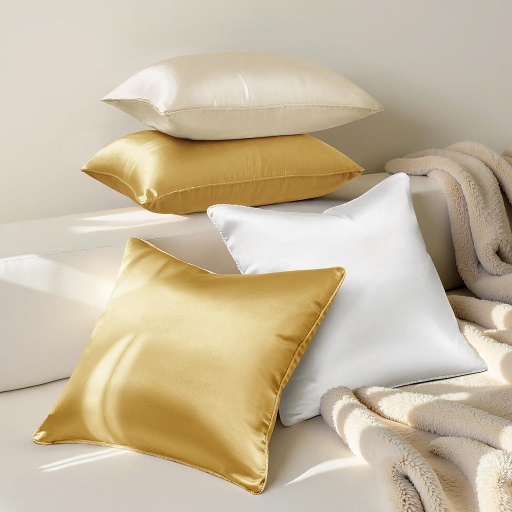 HOMEIDEAS Gold Decorative Throw Pillow Covers 18x18 Set of 2, Glossy Faux Silk Pillow Covers for Couch Sofa Bed Decor Luxury Euro Summer Cushion Covers