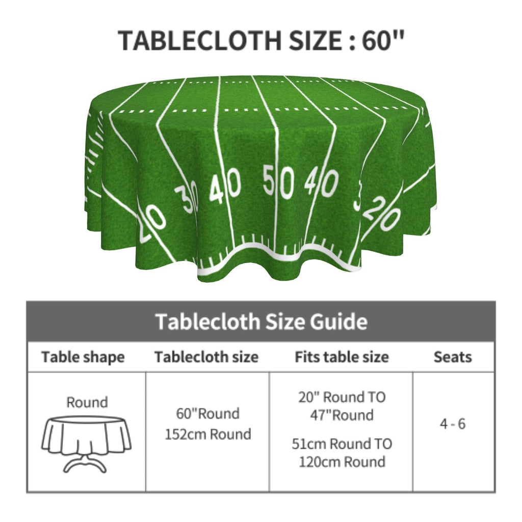 Vrysenium Football Tablecloth Round 60 Inch Green Football Field Table Cloth Circle Sport Themed Table Cover Waterproof Wipeable Polyester Tabletop for Birthday Games Day Party Decorations