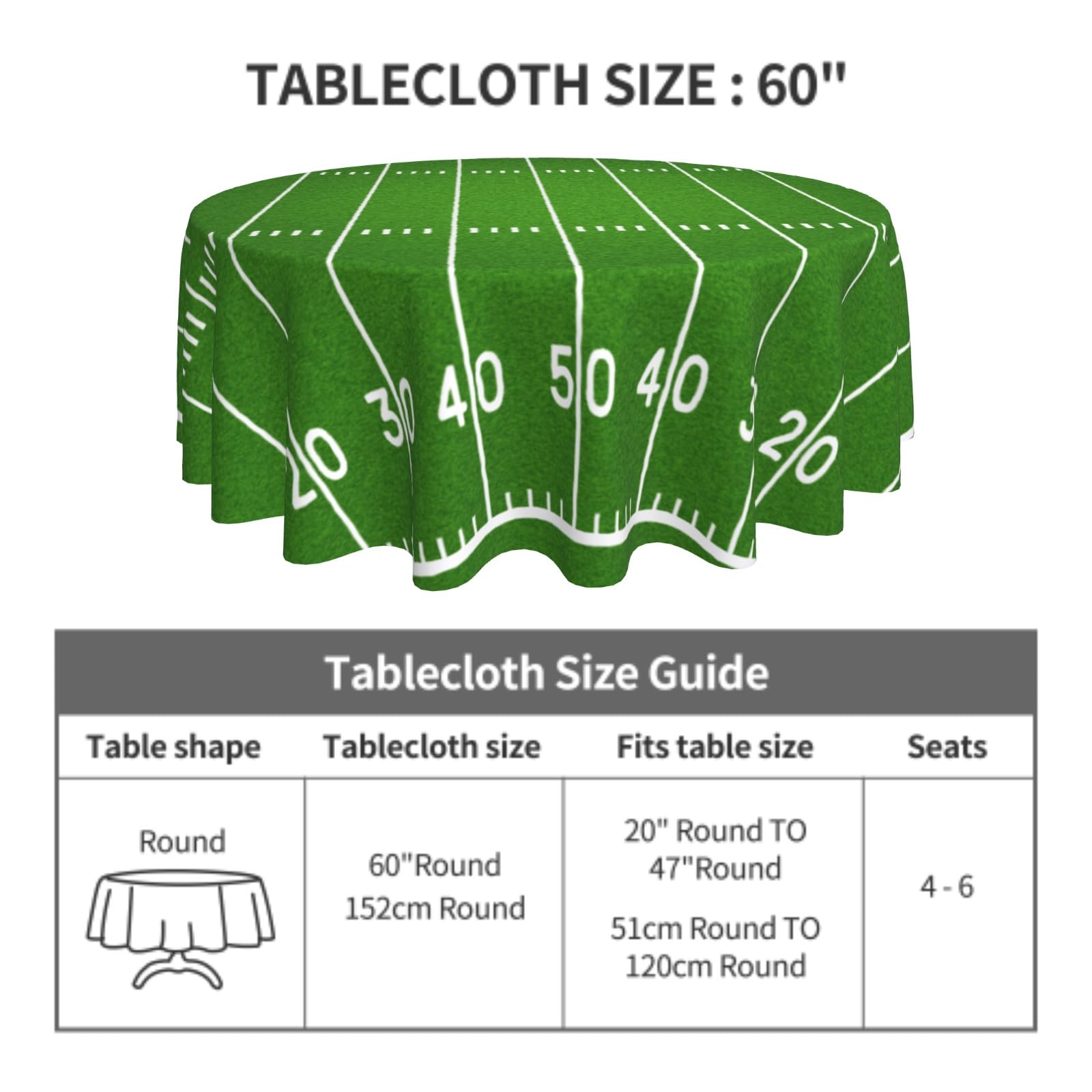 Vrysenium Football Tablecloth Round 60 Inch Green Football Field Table Cloth Circle Sport Themed Table Cover Waterproof Wipeable Polyester Tabletop for Birthday Games Day Party Decorations
