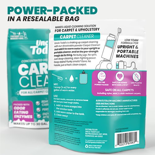 Uncle Todd's Carpet Cleaner Powder for Machines | Makes 30 Gallons of Carpet Cleaner Solution | Enzyme Formula Carpet Deodorizer | Removes Pet Odors & Stains | Safe for Carpets, Rugs & Upholstery