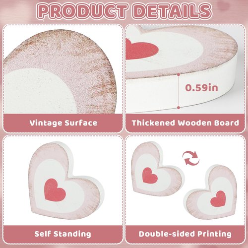 6Pcs Valentine's Day Wooden Hearts Tiered Tray Decor, Farmhouse Distressed Pink Heart Shaped Love Signs Table Decor for Home Office Tabletop
